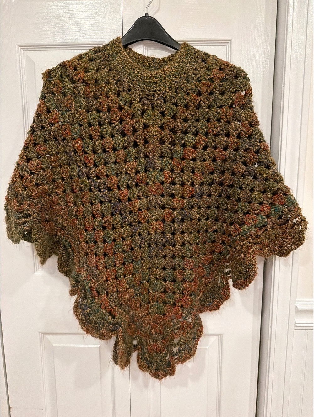 Handmade Crochet Granny Stitch Triangle Shawl Poncho Earth Tone Boho Wrap OSFM